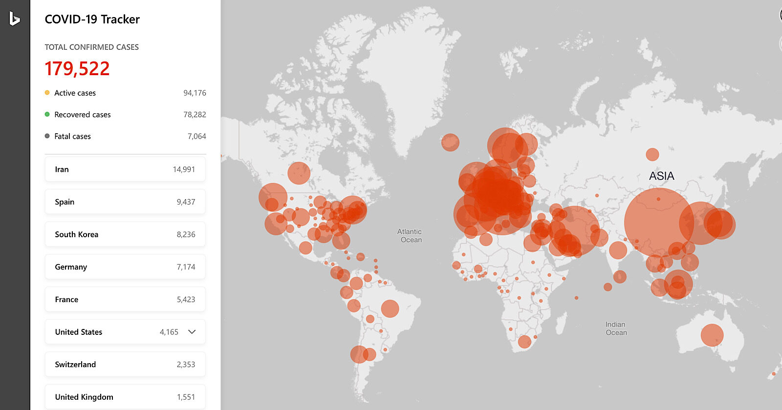 Bing lance une carte de suivi COVID-19 interactive